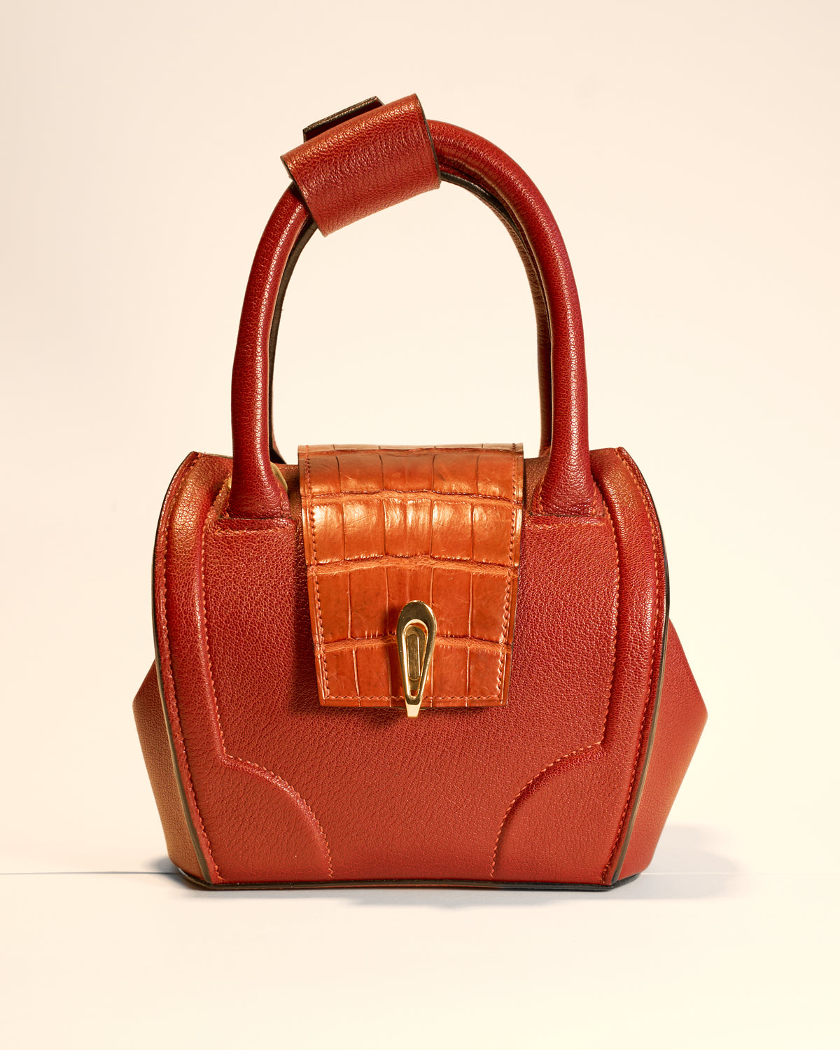 The Barrel Bag - Art Deco by Marina, M.D. Leather Design — red Italian grain leather handbag with sculpted accents