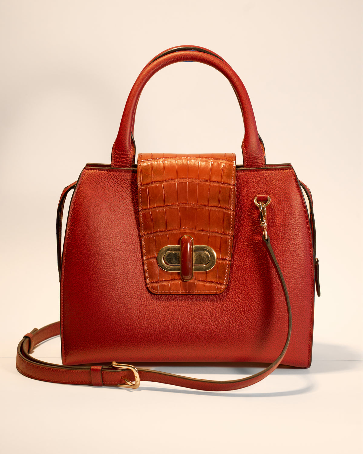 Liza Bag by Marina, M.D. Leather Design — red French grain leather handbag with alligator accent flap and stone closure