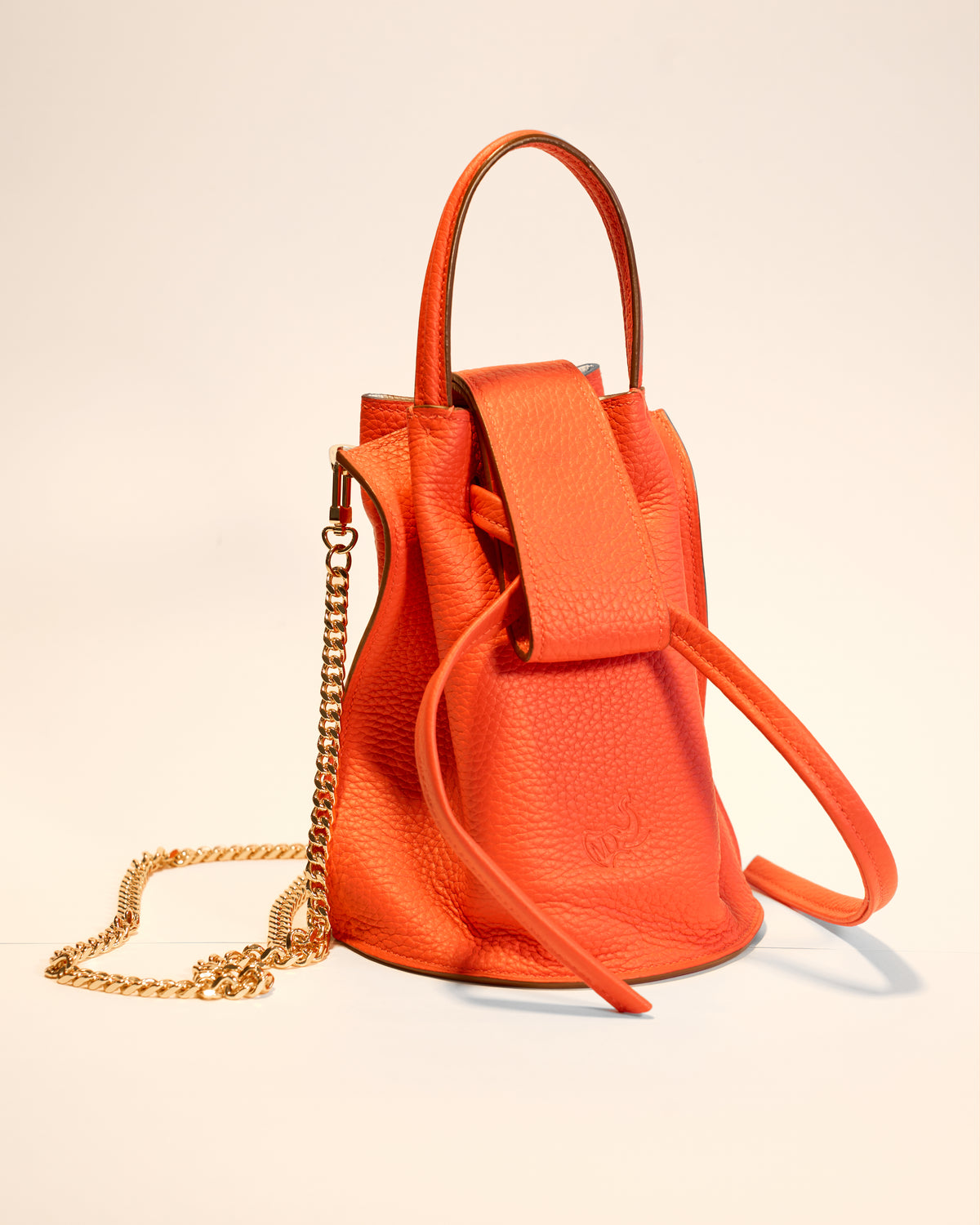 Bucket Bag by Marina, M.D. Leather Design — salmon Italian grain leather bucket bag with drawstring closure